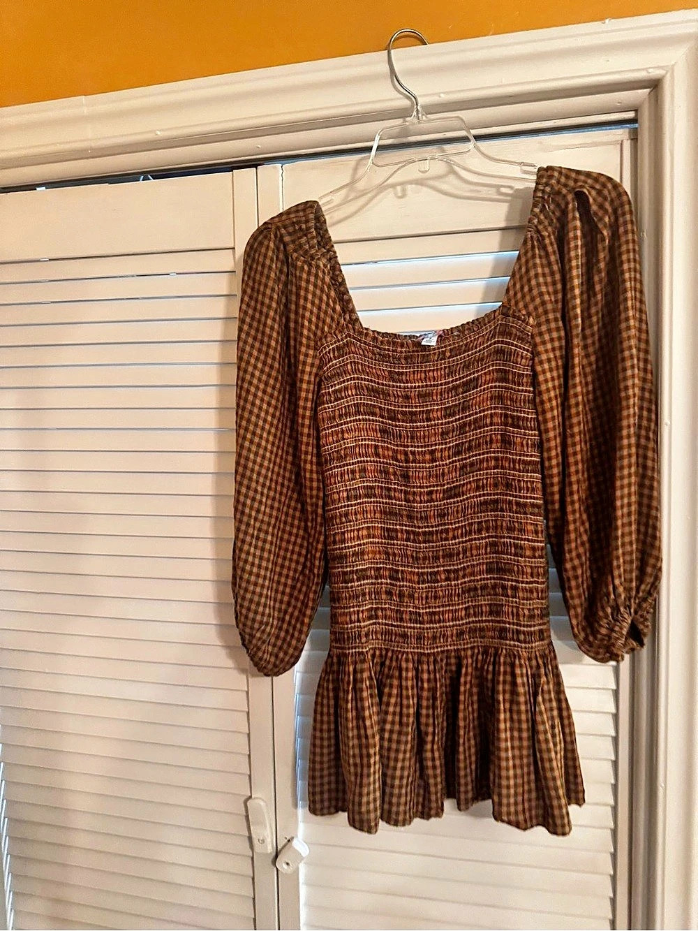 Urban Outfitters Gingham Smocked Mini Dress in Brown Size Small Like New